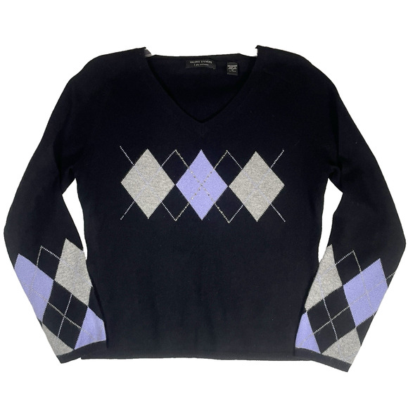Valerie Stevens 2 Ply Cashmere Sweater Size M Black Purple Argyle Rhinestone Vtg - Picture 1 of 9